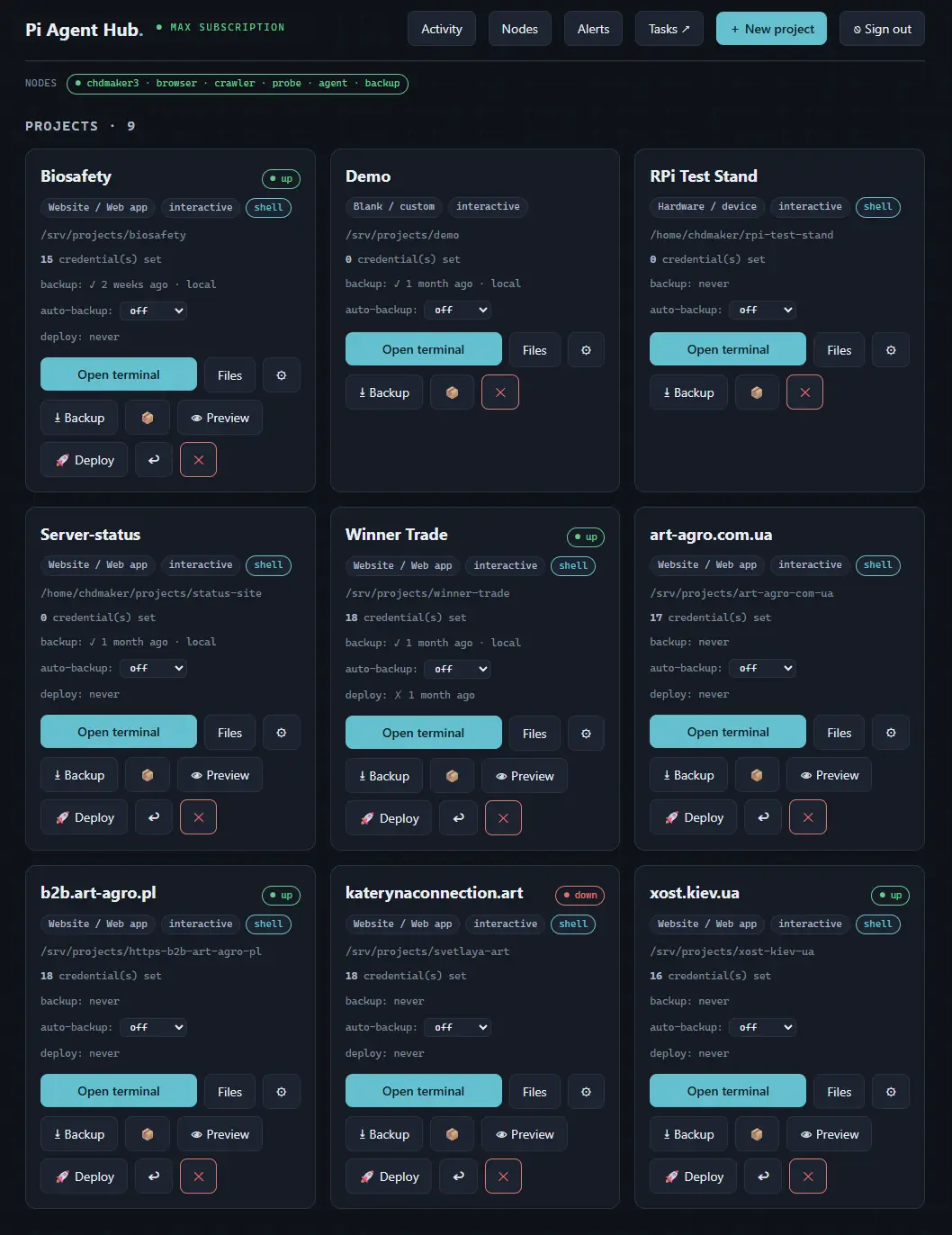 Pi Agent Hub — projects dashboard